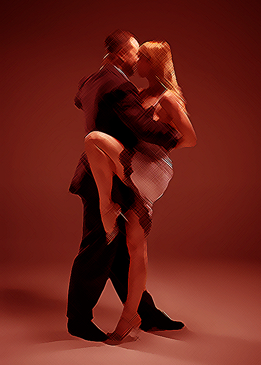 A man and a woman dancing argentinian tango on gray studio background