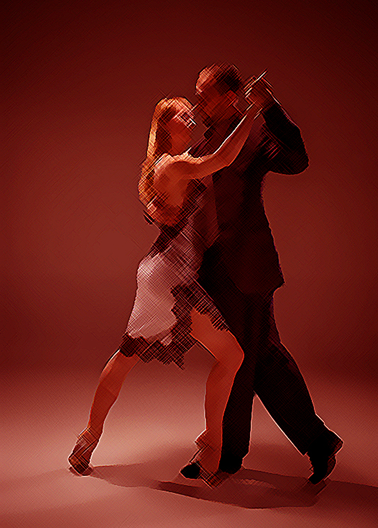 A man and a woman dancing argentinian tango on gray studio background