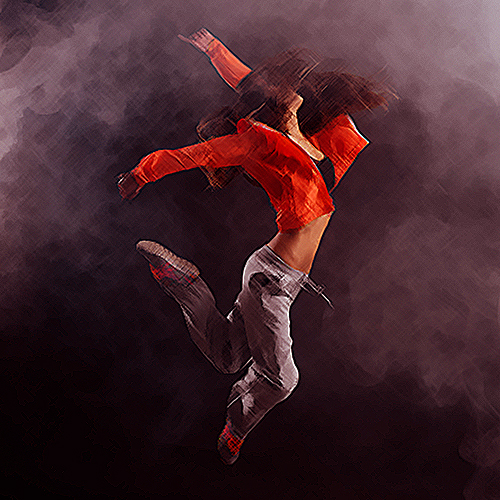 Young modern style dancer jumping and performing on a dark background with smoke: vitality and energy concept